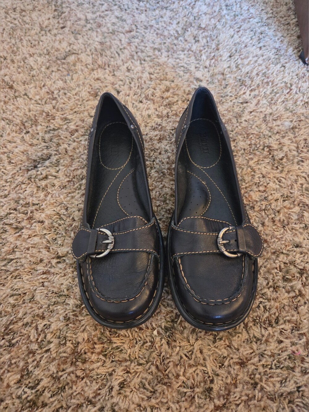 Born Black Mindy Slip On Loafers With Buckles Beige Topstitching Womens Size 11